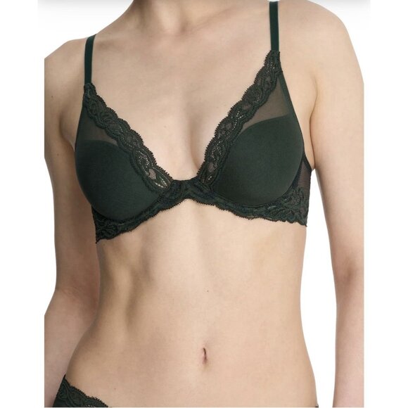 Natori Feathers Plunge Bra DK Forest Lace Mesh Underwire T-Shirt 730023 NWT - Picture 1 of 6